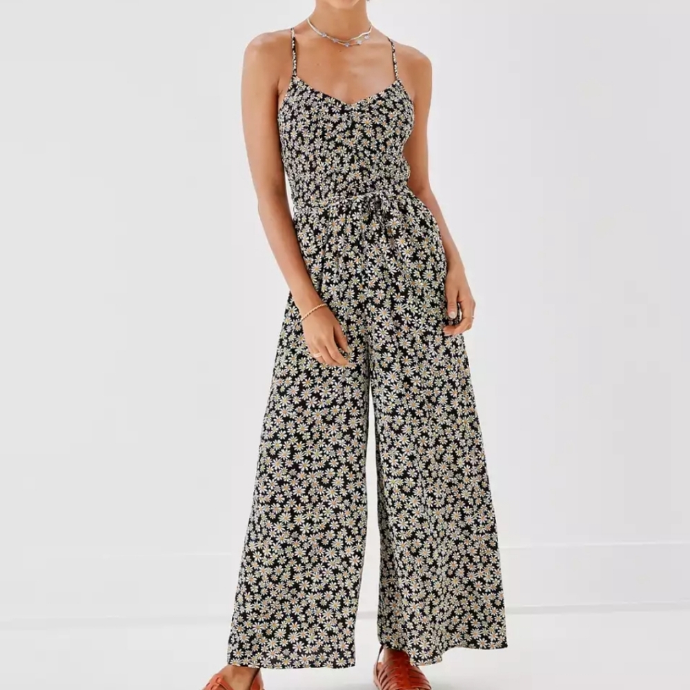 AE Black Daisy Floral Smocked Jumpsuit